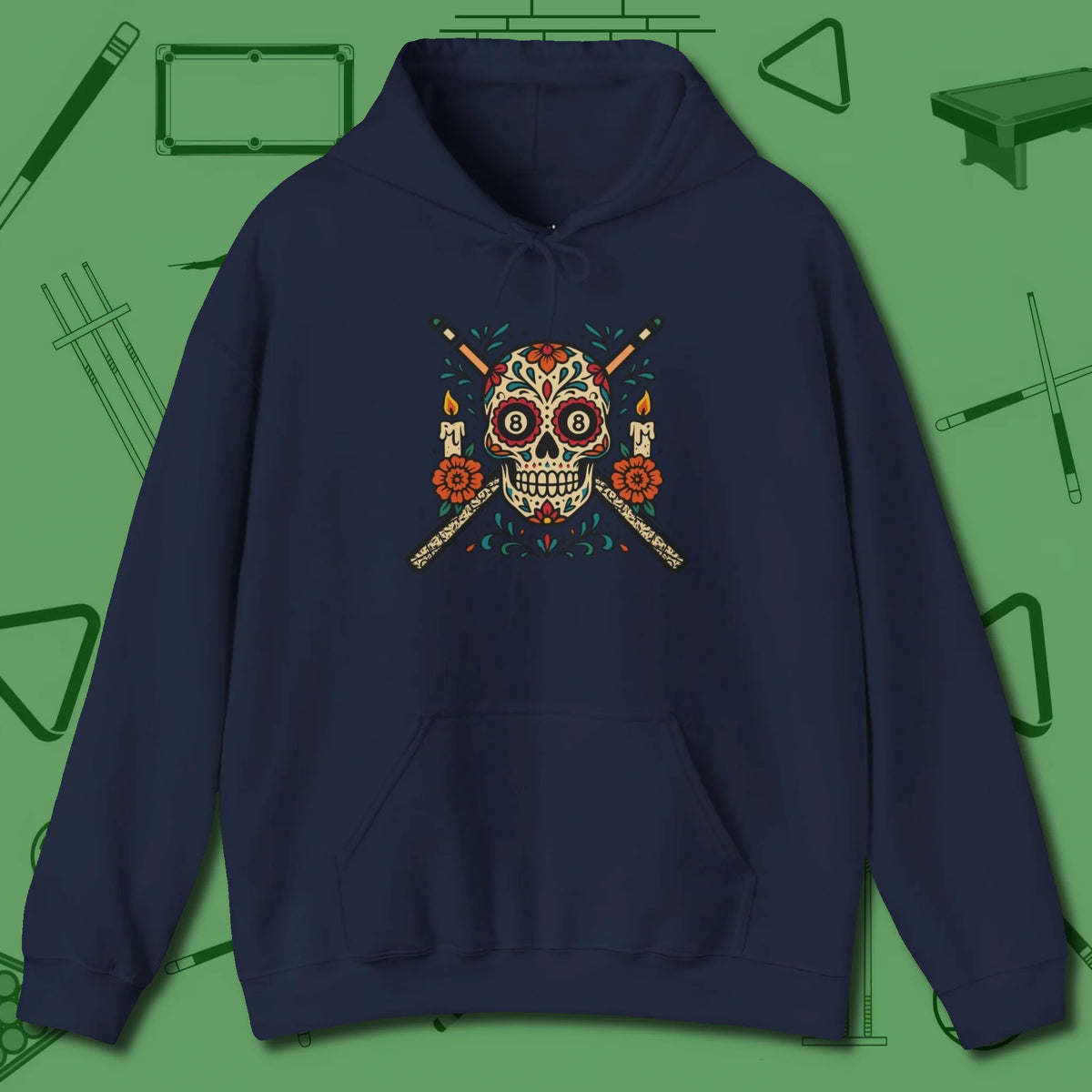 Day of the Dead Sugar Skull Hoodie, front view, in Navy your go-to shirt for league night victories