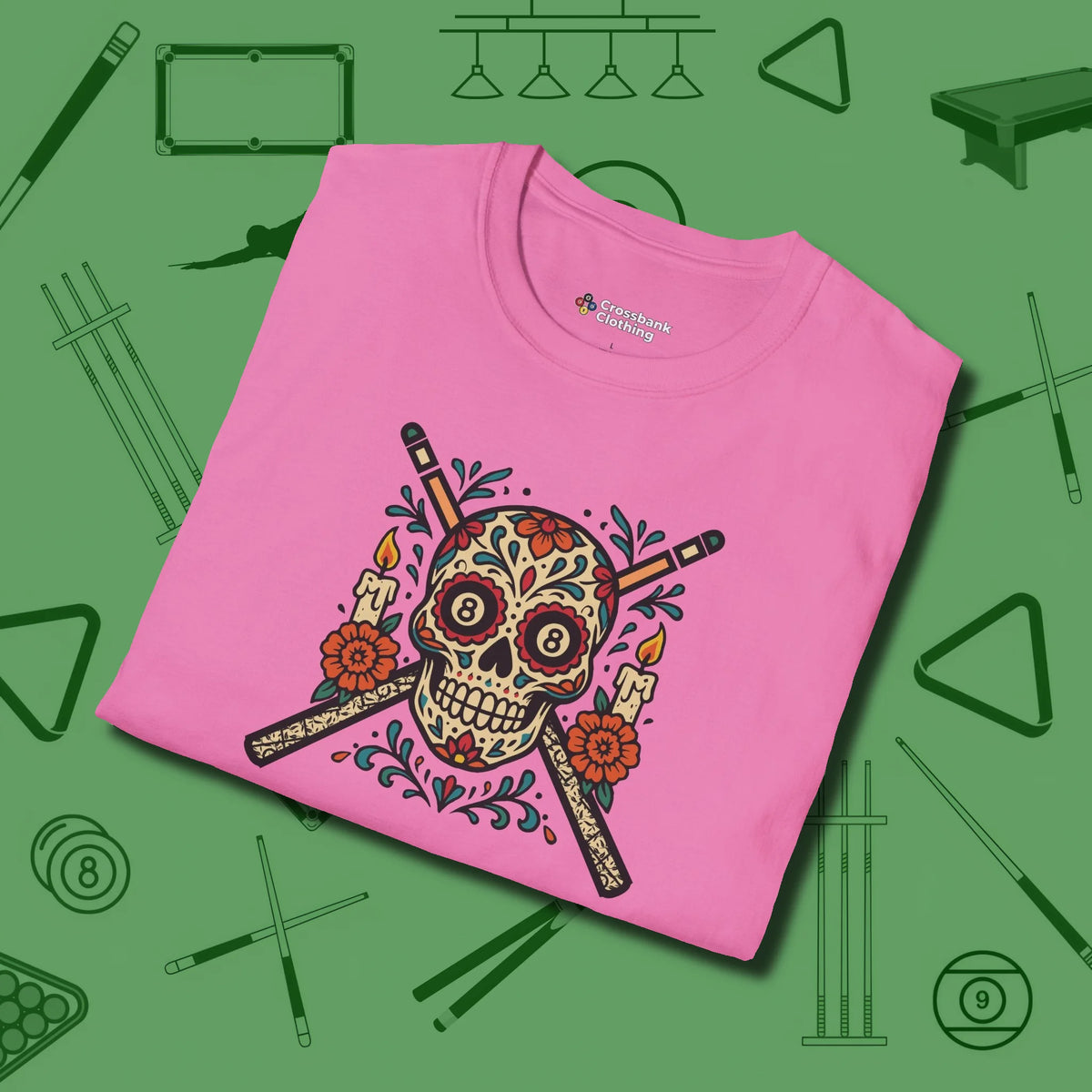 Day of the Dead Sugar Skull T-Shirt, folded view, in Azalea put your best game on display