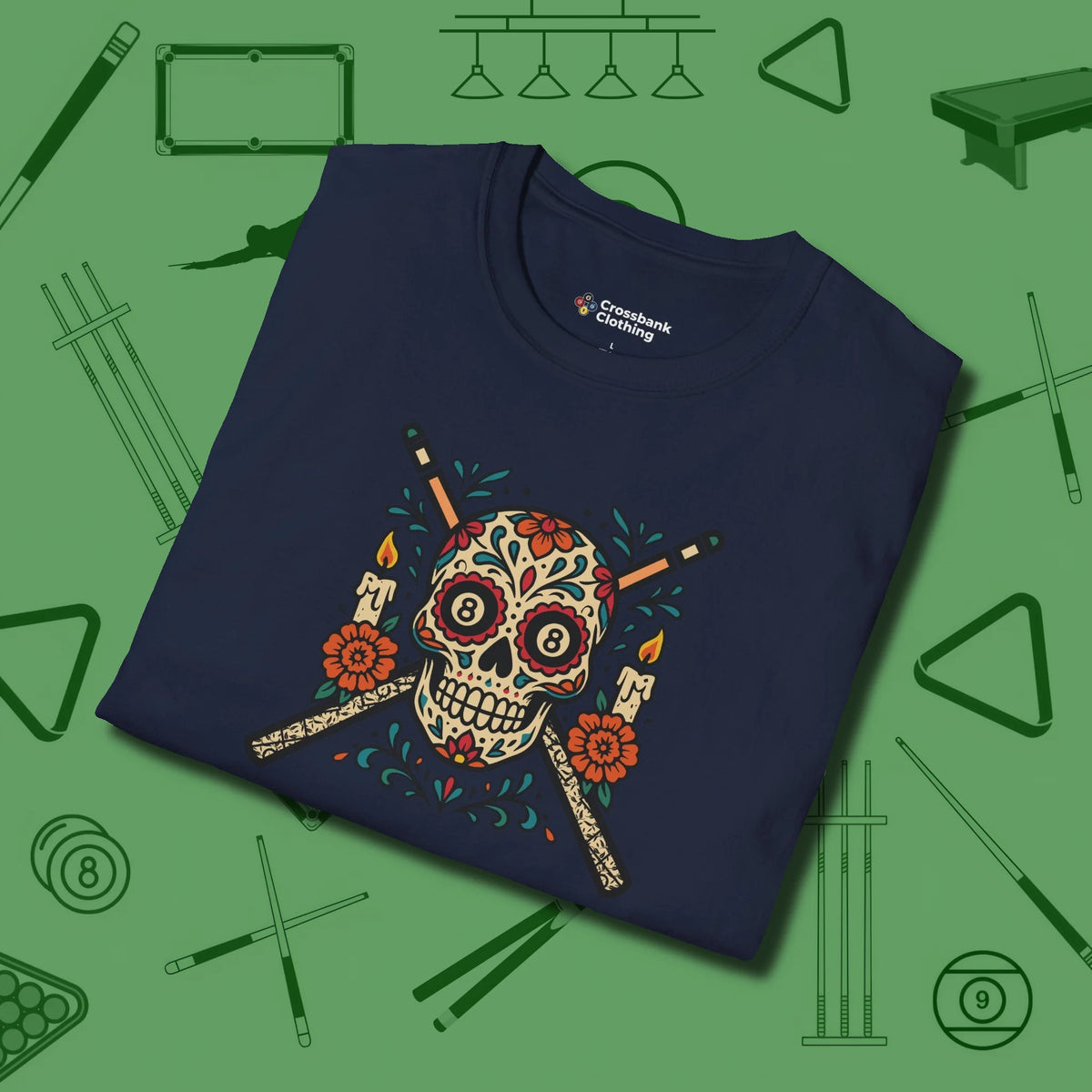 Day of the Dead Sugar Skull T-Shirt, folded view, in Navy strike fear with swagger and precision