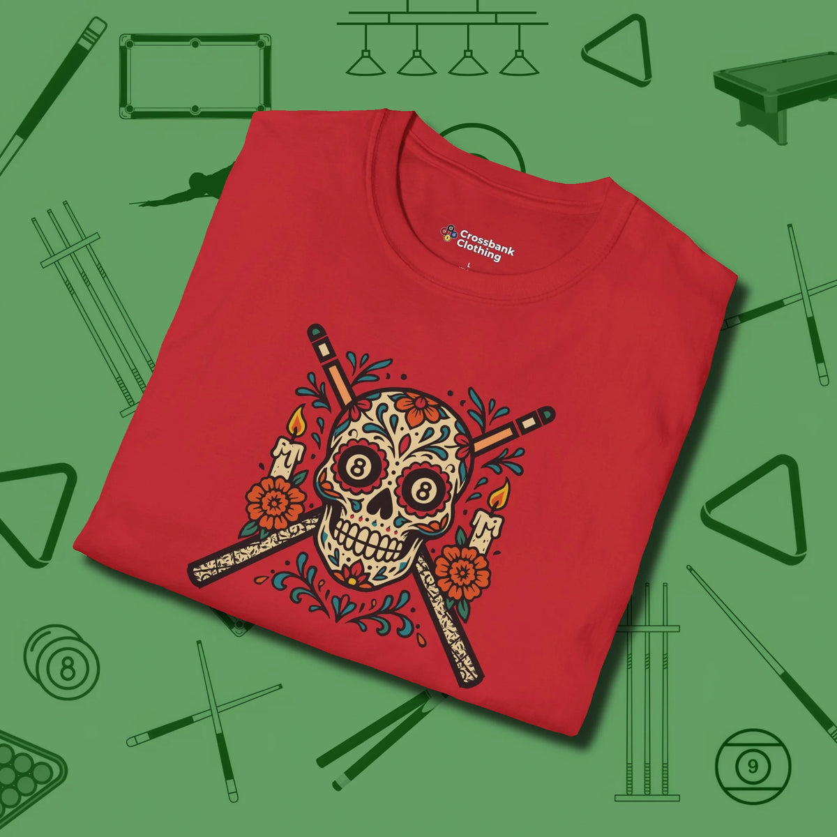 Day of the Dead Sugar Skull T-Shirt, folded view, in Red an extension of your pool persona