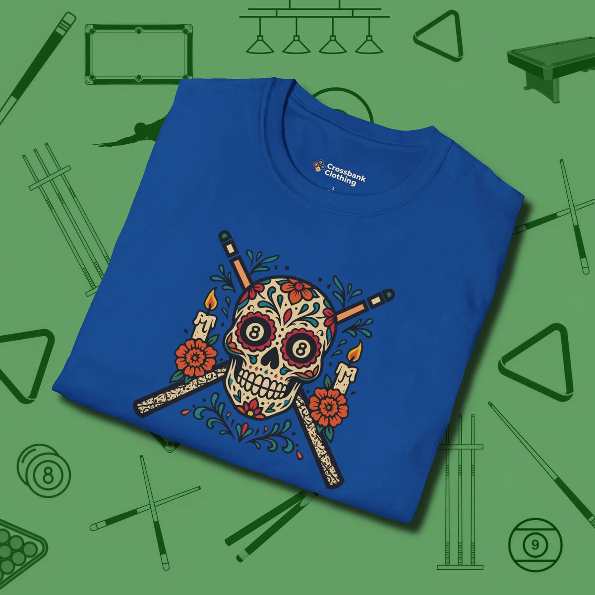 Day of the Dead Sugar Skull T-Shirt, folded view, in Royal because you don’t just play — you represent