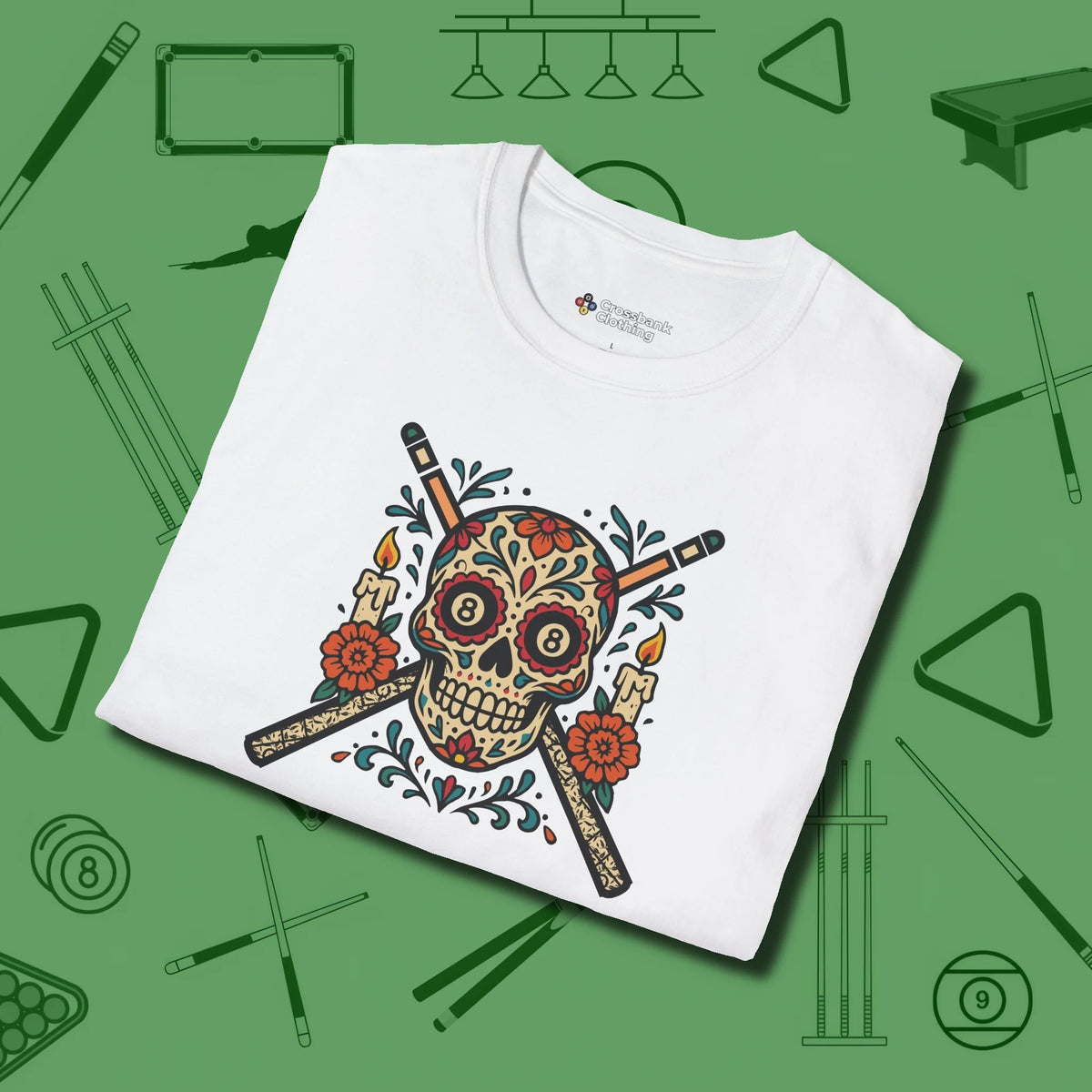 Day of the Dead Sugar Skull T-Shirt, folded view, in White from chalk to clutch, look the part