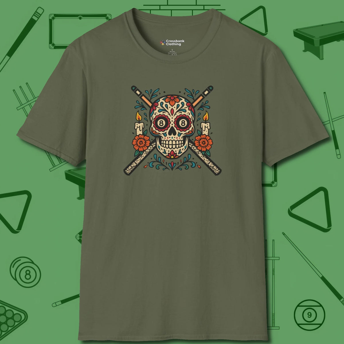 Day of the Dead Sugar Skull T-Shirt, front view, in Military Green classic cue style, no gimmicks