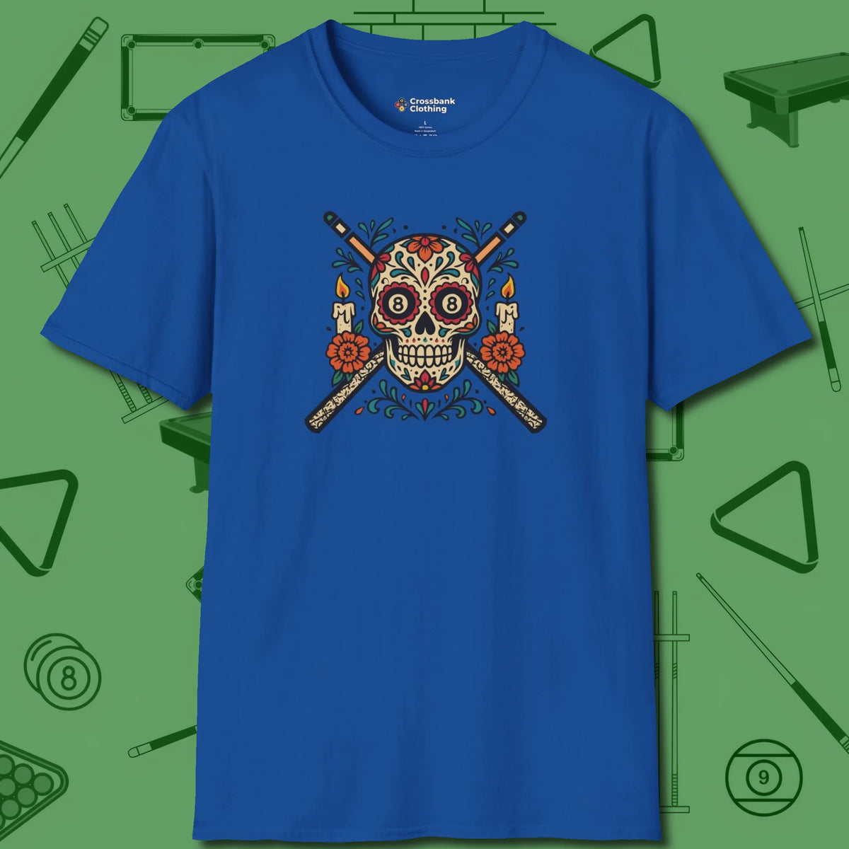 Day of the Dead Sugar Skull T-Shirt, front view, in Royal it’s not a hobby — it’s a lifestyle