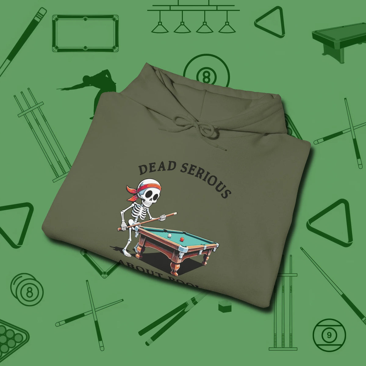 Dead Serious About Hoodie, folded view, in Military Green make every shot — and outfit — count