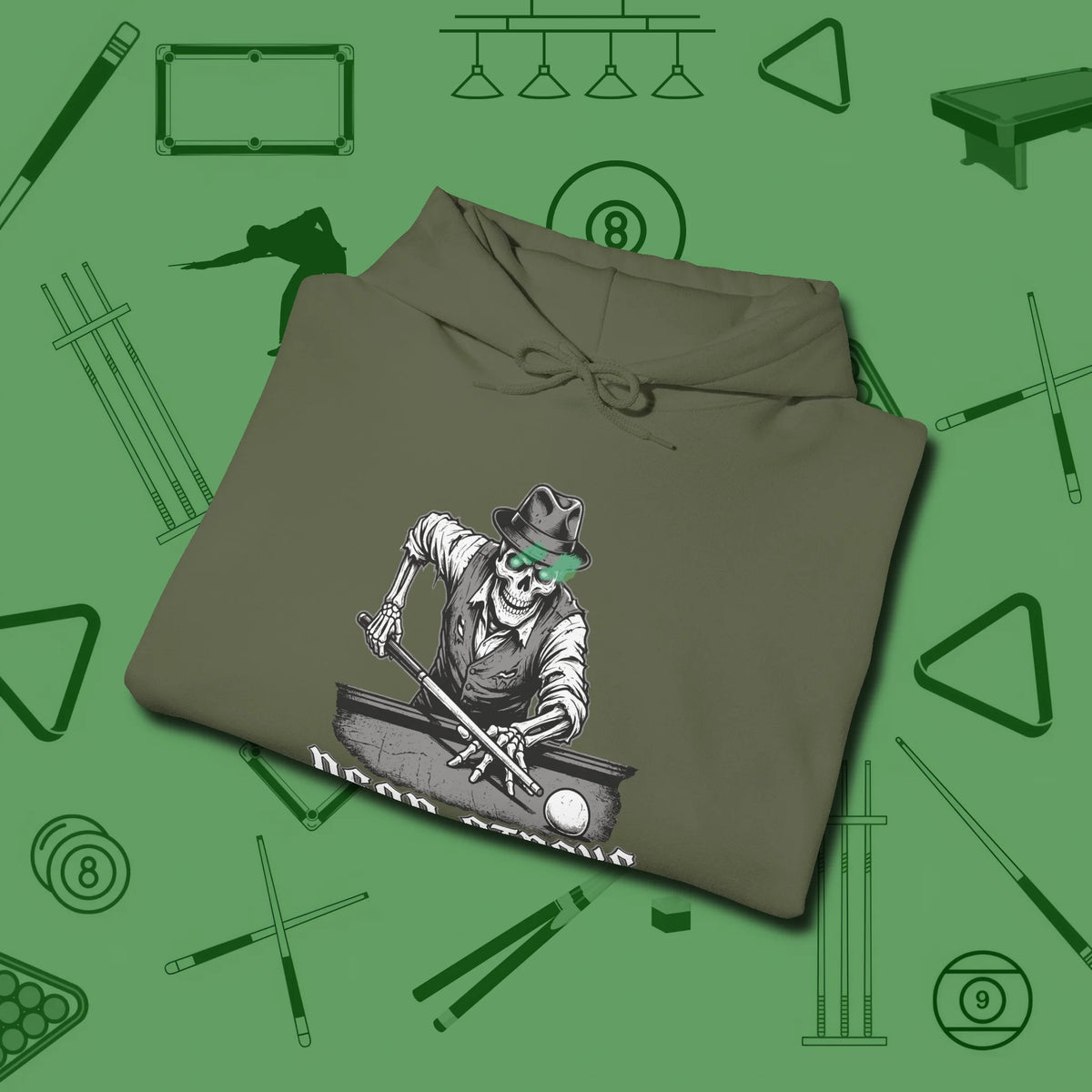 Dead Stroke Hoodie, folded view, in Military Green perfect for players with quiet fire
