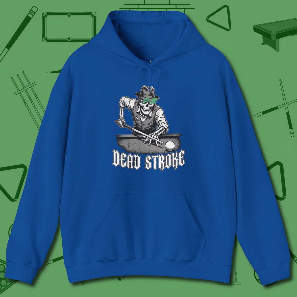 Dead Stroke Hoodie, front view, in Royal smart enough for the felt and the street