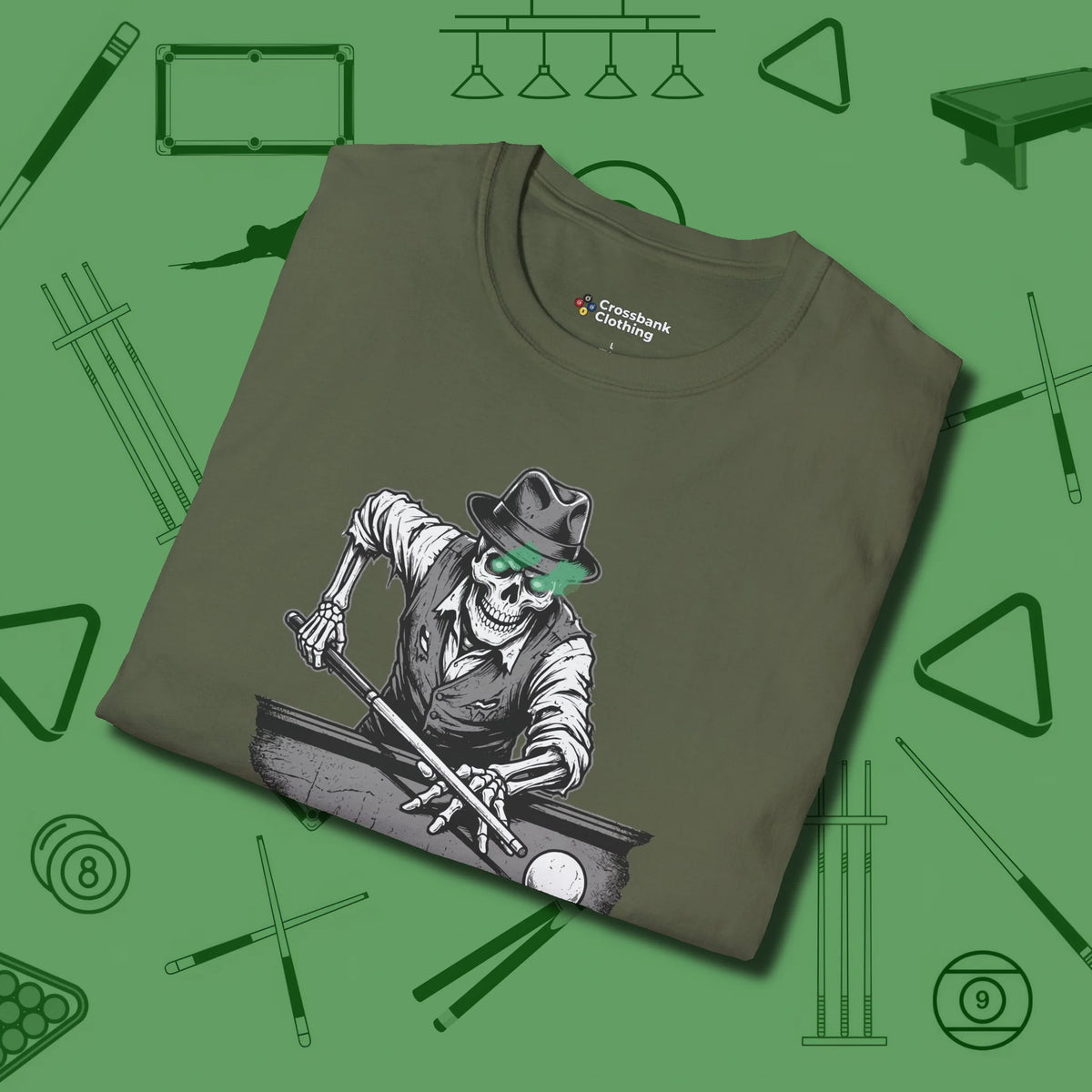 Dead Stroke T-Shirt, folded view, in Military Green play in style, win in silence