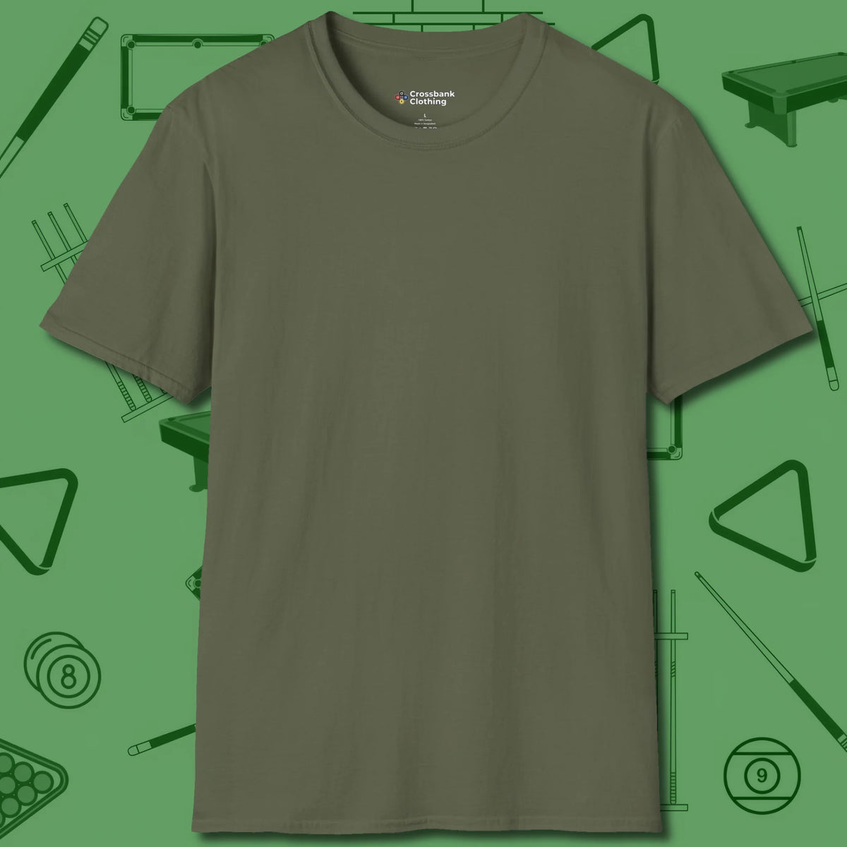 Death Grip 8 Ball T-Shirt, front view, in Military Green table command, perfect english
