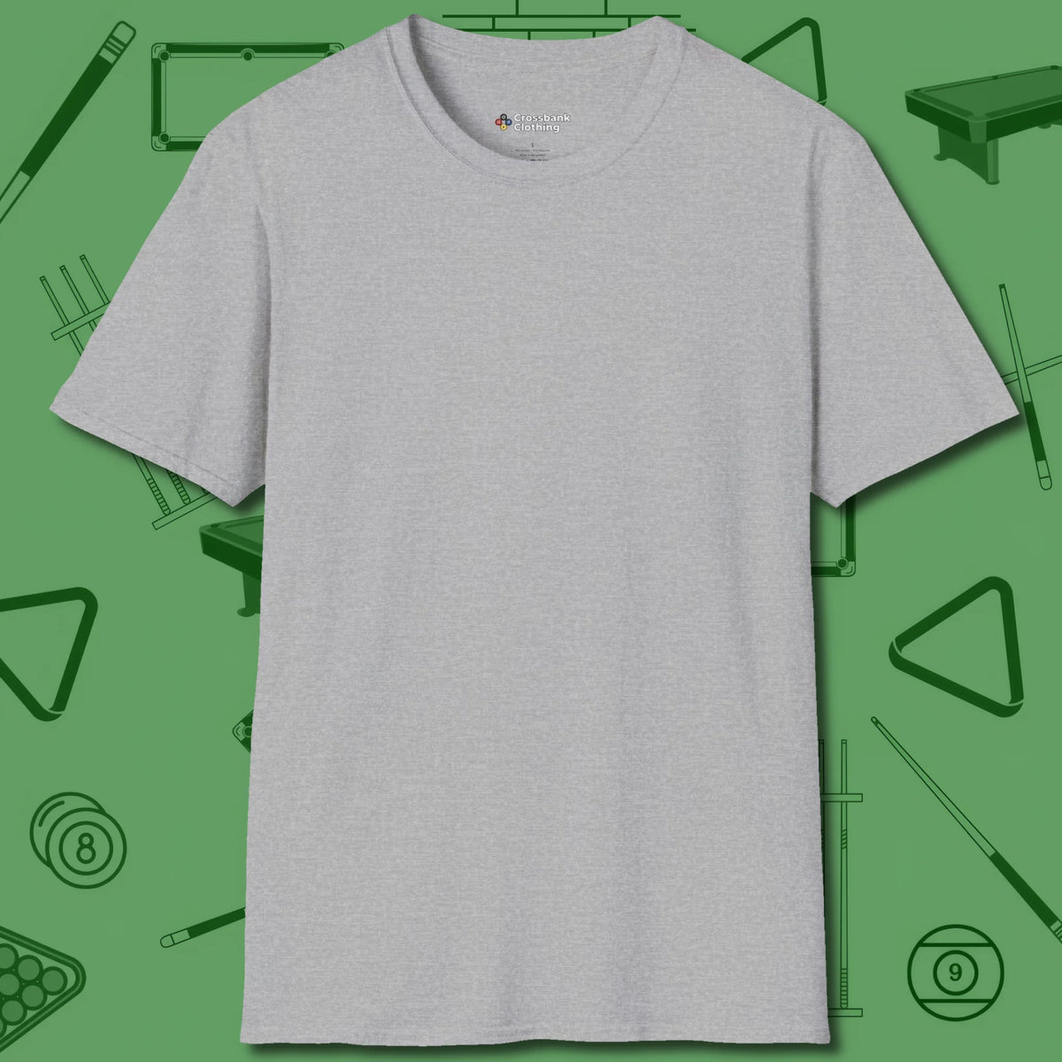 Death Grip 8 Ball T-Shirt, front view, in Sport Grey clean position play for 8-ball