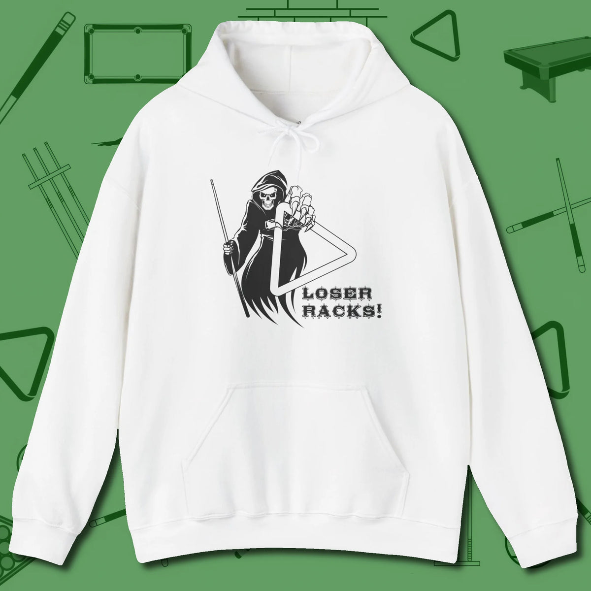 Death Loser Racks Hoodie, front view, in White your secret weapon off the table
