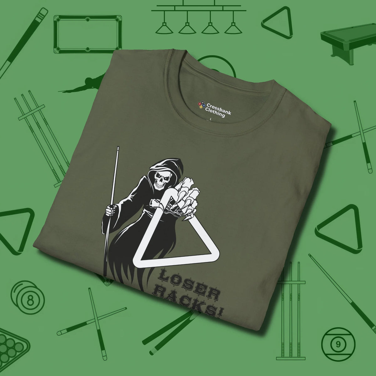 Death Loser Racks T-Shirt, folded view, in Military Green strike fear with swagger and precision