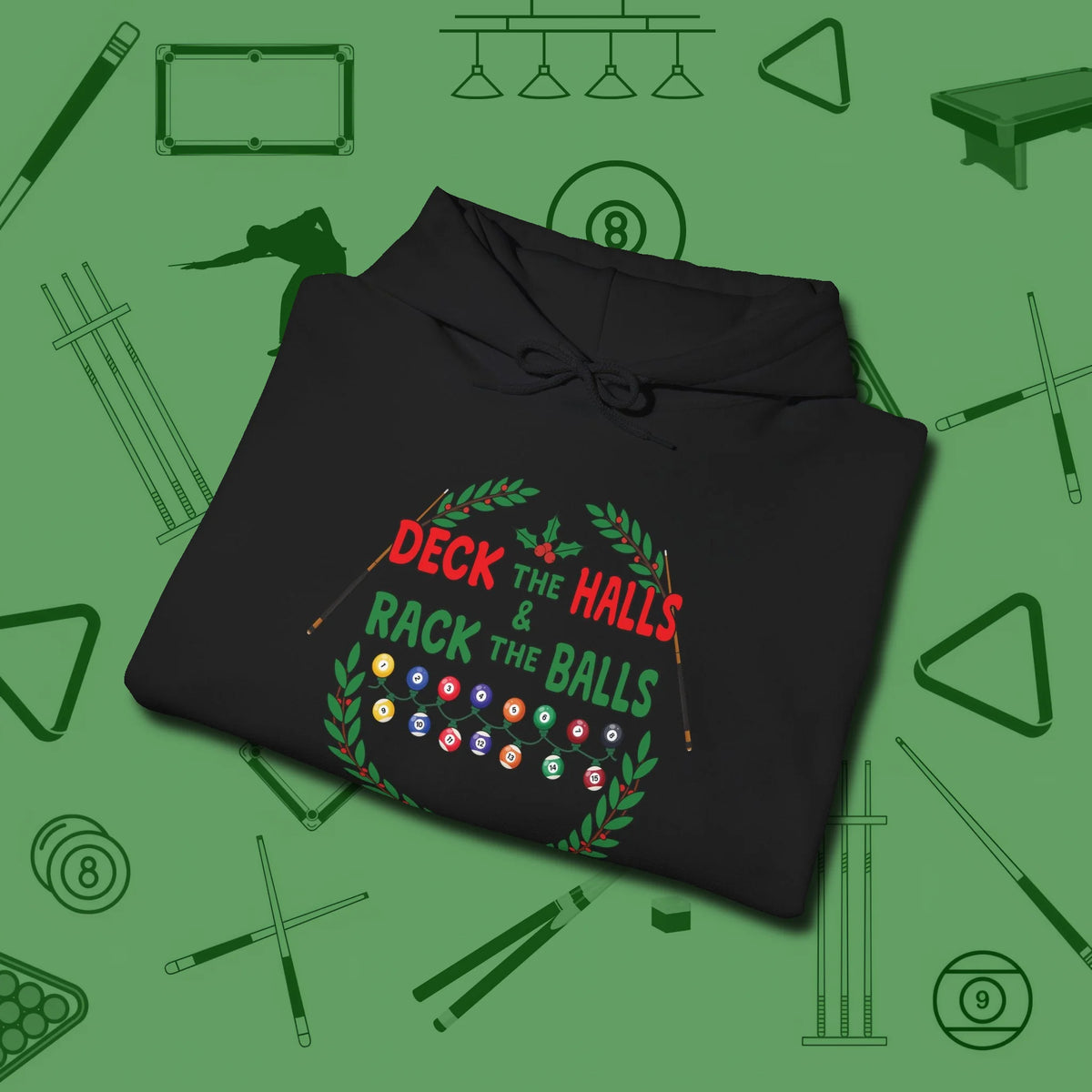 Deck the Halls Hoodie, folded view, in Black a clean fit for the dirtiest safeties