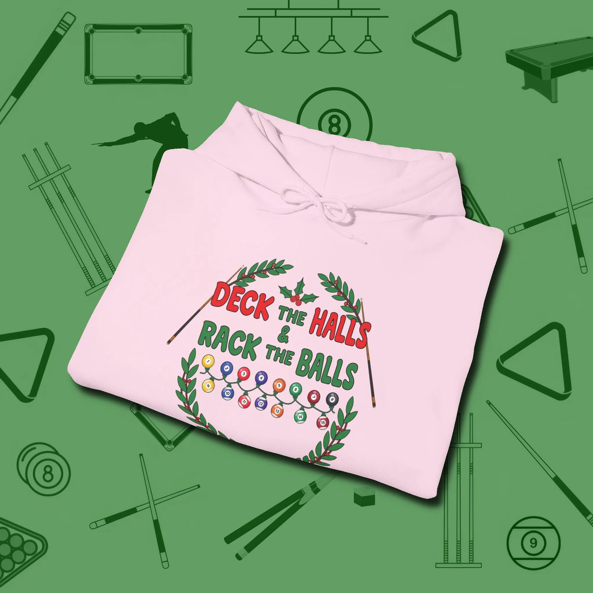 Deck the Halls Hoodie, folded view, in Light Pink the official uniform of the after-hours crew