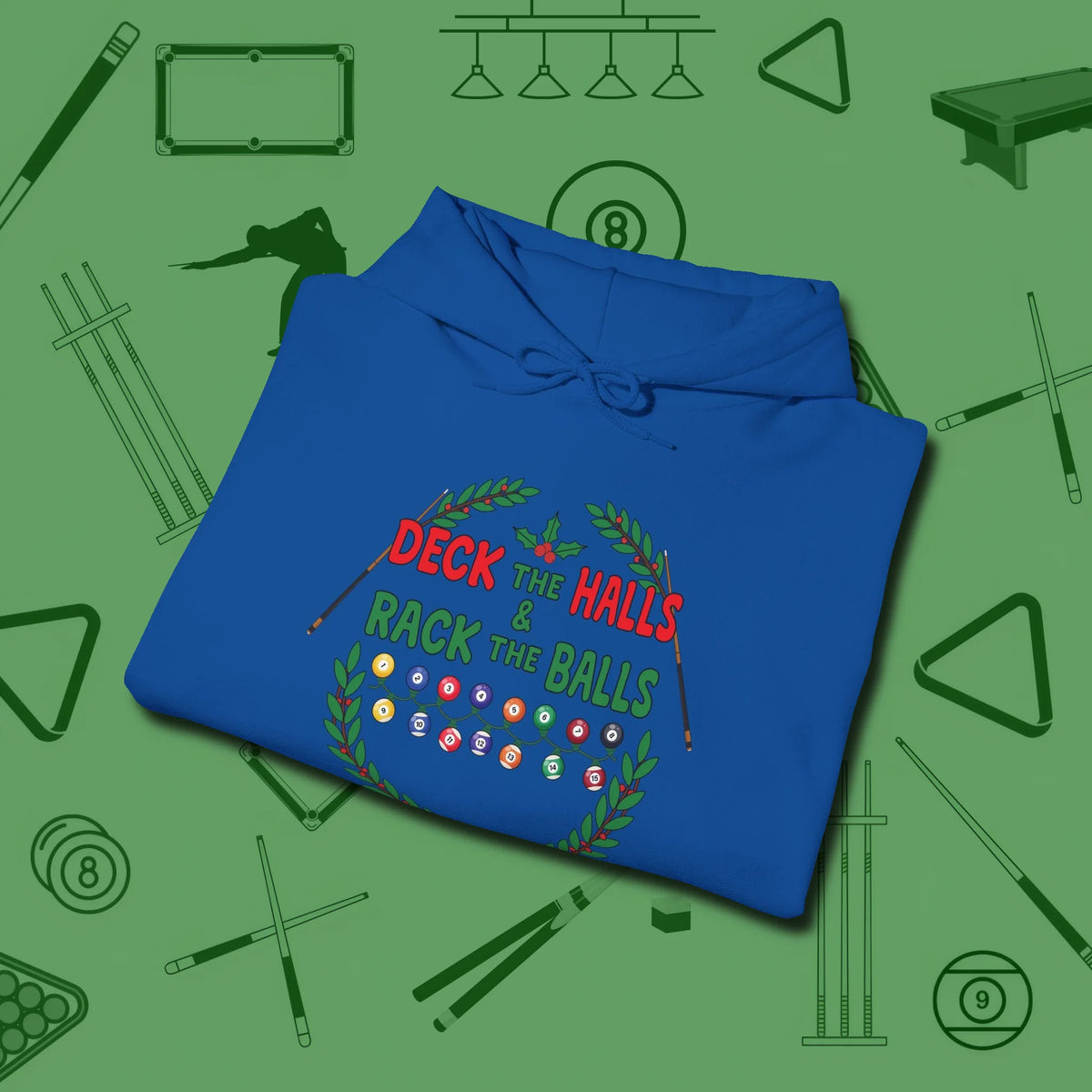 Deck the Halls Hoodie, folded view, in Royal cool under pressure, hot on the eyes