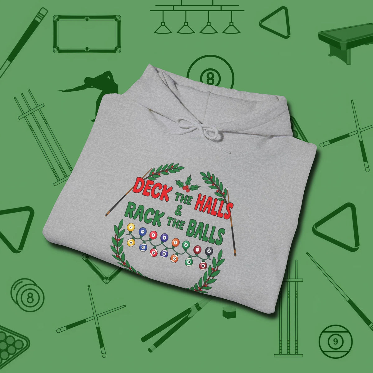 Deck the Halls Hoodie, folded view, in Sport Grey subtle drip for serious shooters
