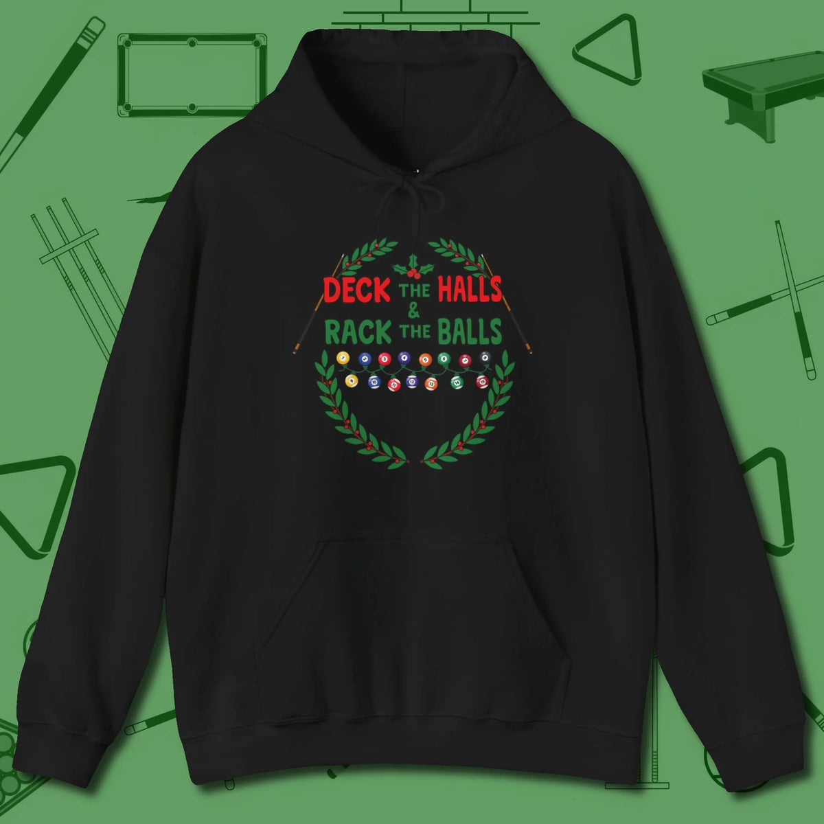 Deck the Halls Hoodie, front view, in Black confidence stitched in every seam