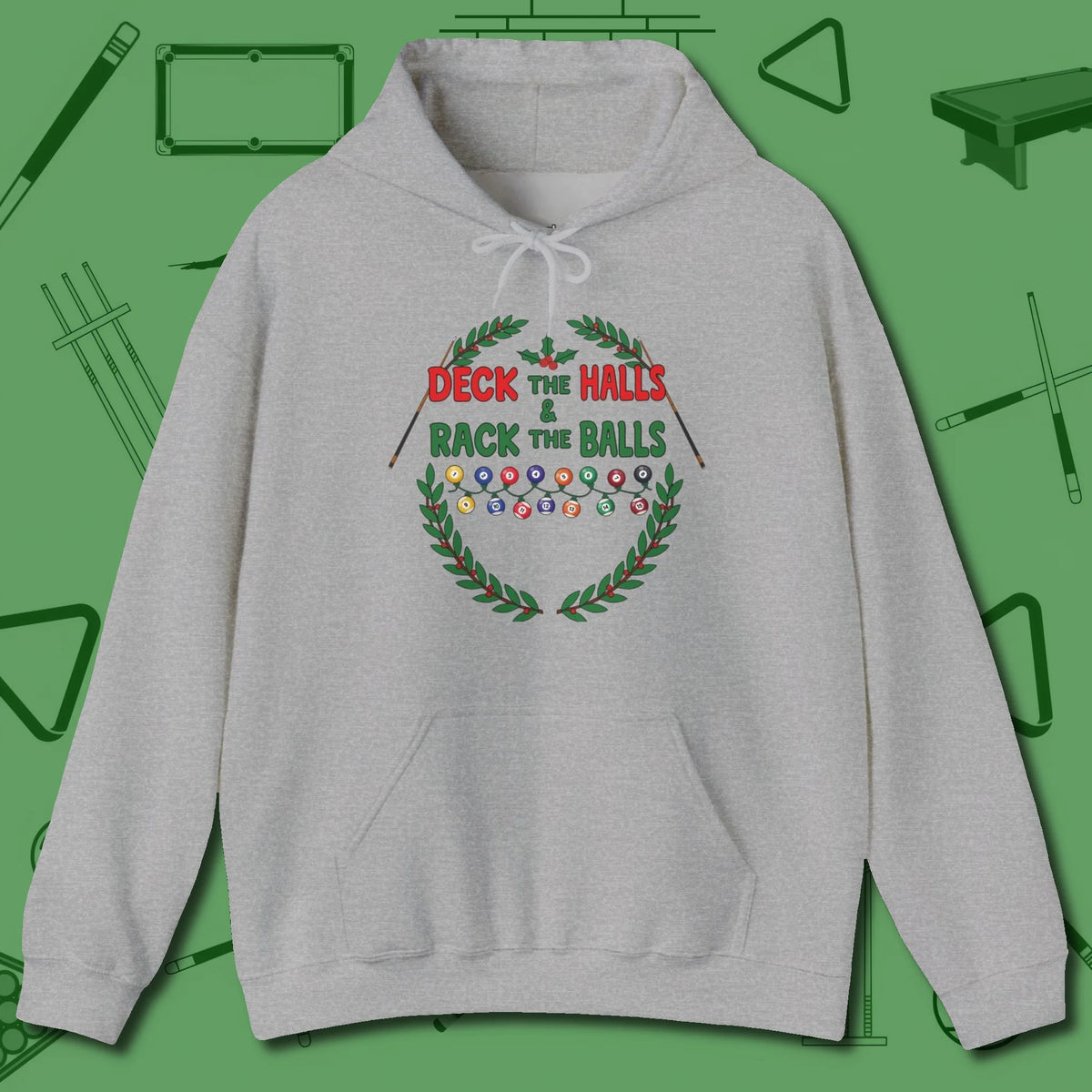 Deck the Halls Hoodie, front view, in Sport Grey styled to dominate from rack to run-out