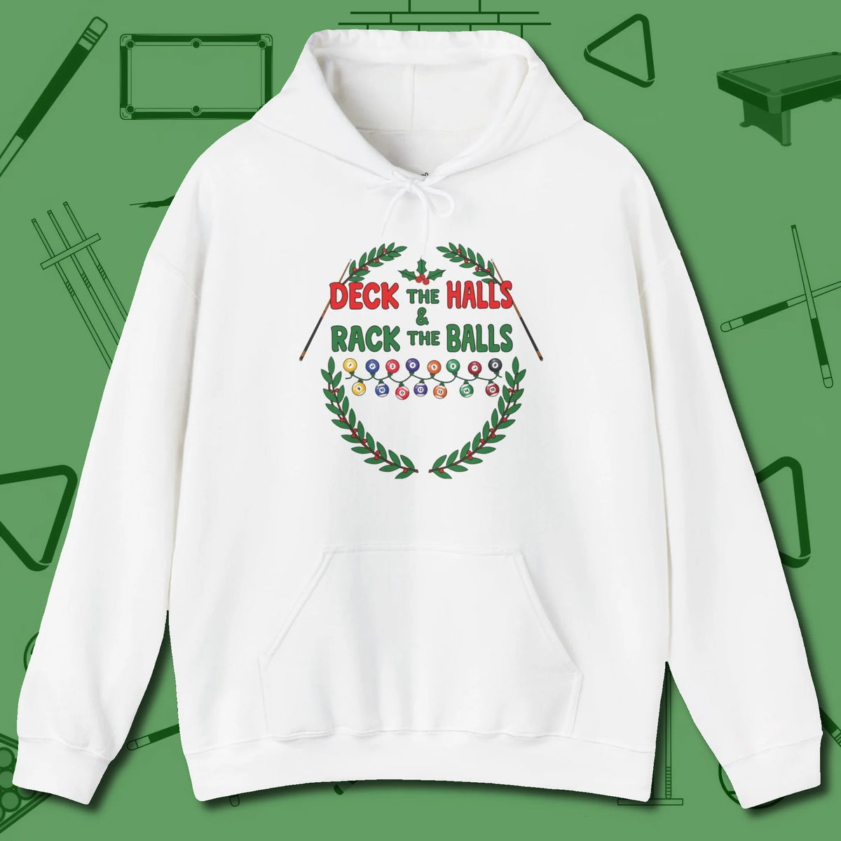 Deck the Halls Hoodie, front view, in White subtle drip for serious shooters