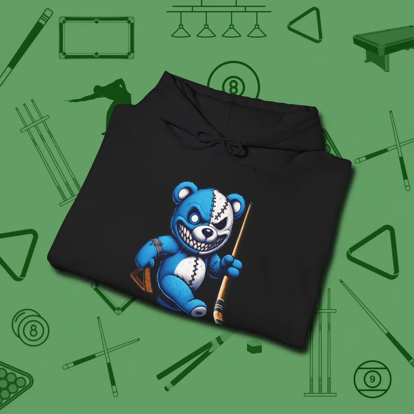 Demented Teddy Billiards Hoodie, folded view, in Black for players who live the game