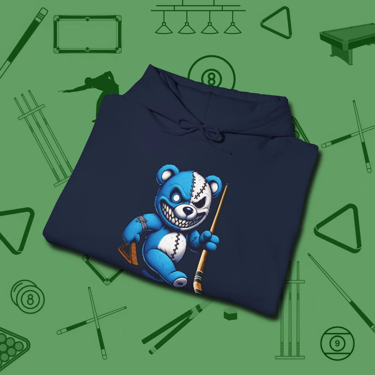 Demented Teddy Billiards Hoodie, folded view, in Navy helps your stroke and your style