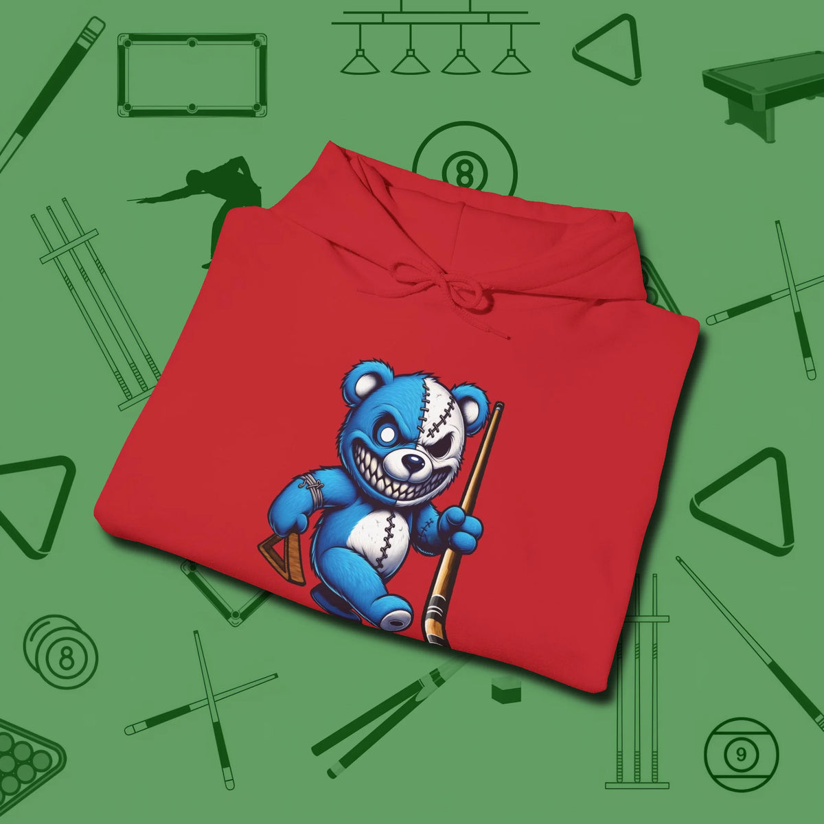 Demented Teddy Billiards Hoodie, folded view, in Red from chalk to clutch, look the part