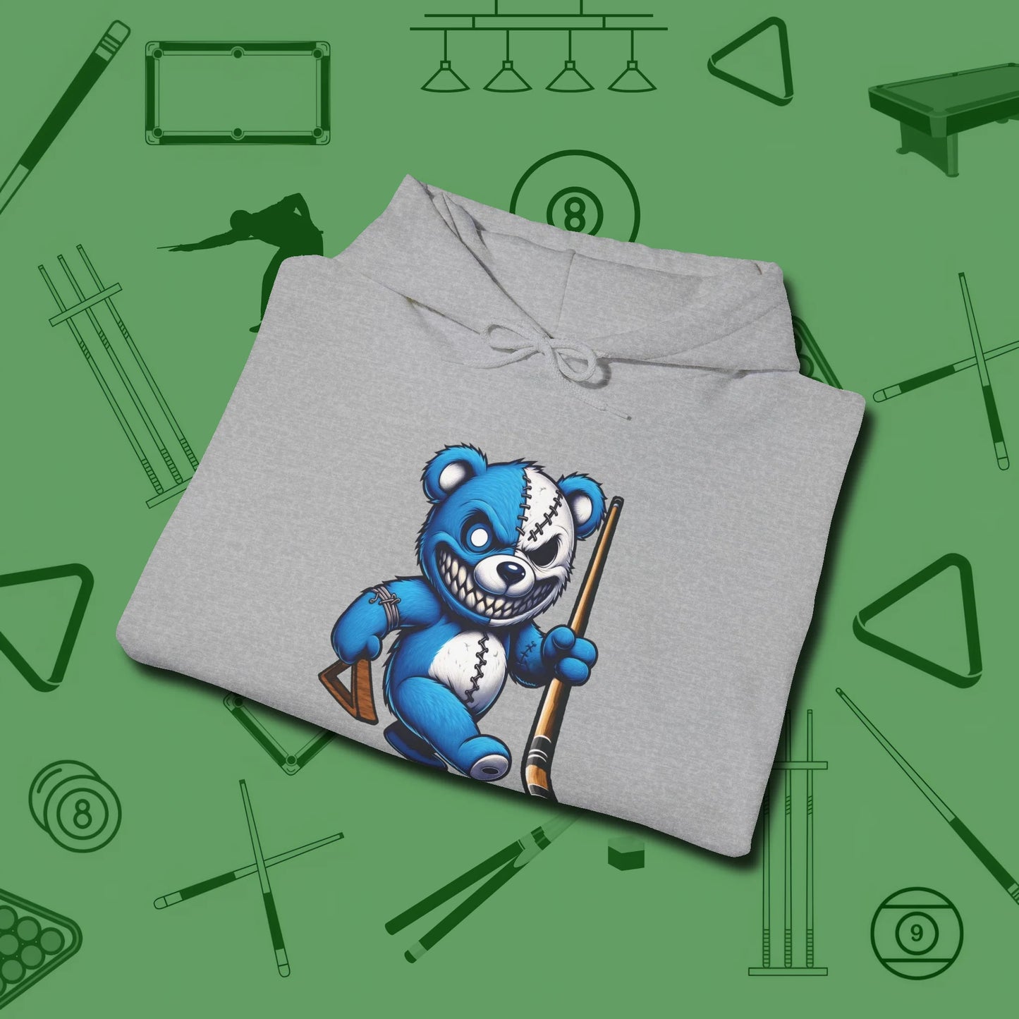 Demented Teddy Billiards Hoodie, folded view, in Sport Grey earns respect before the first shot