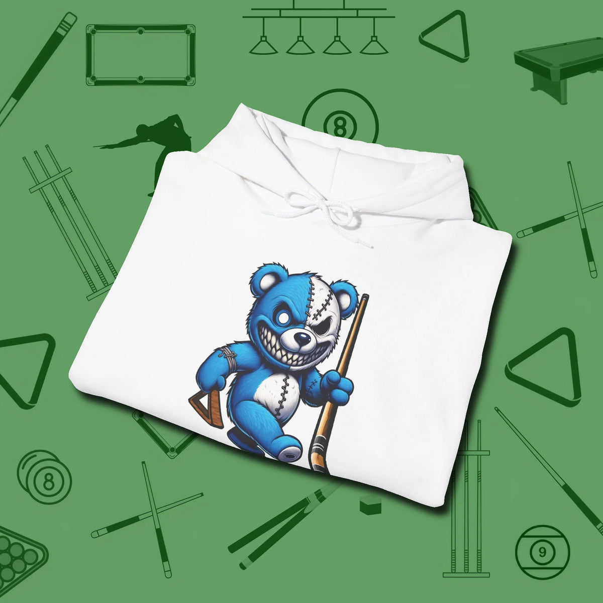 Demented Teddy Billiards Hoodie, folded view, in White poolroom style with tournament attitude