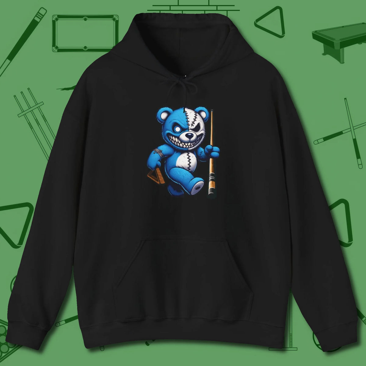 Demented Teddy Billiards Hoodie, front view, in Black earns respect before the first shot