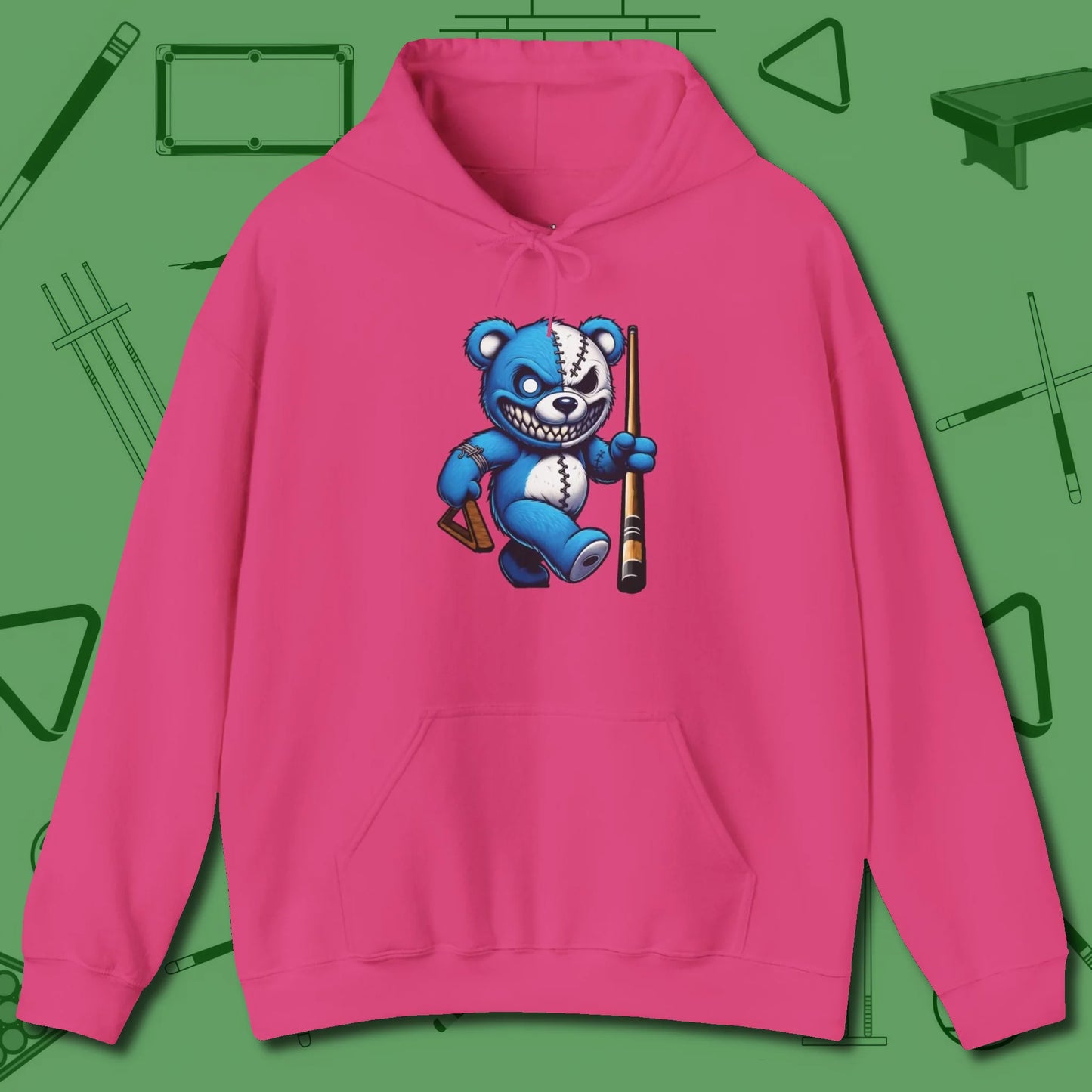 Demented Teddy Billiards Hoodie, front view, in Heliconia where cue control meets personal style