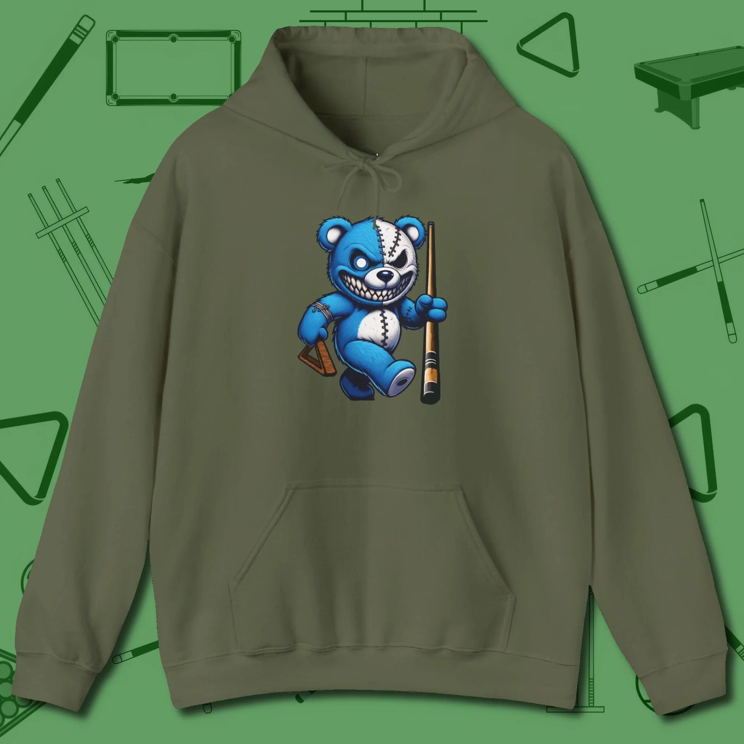 Demented Teddy Billiards Hoodie, front view, in Military Green poolroom style with tournament attitude