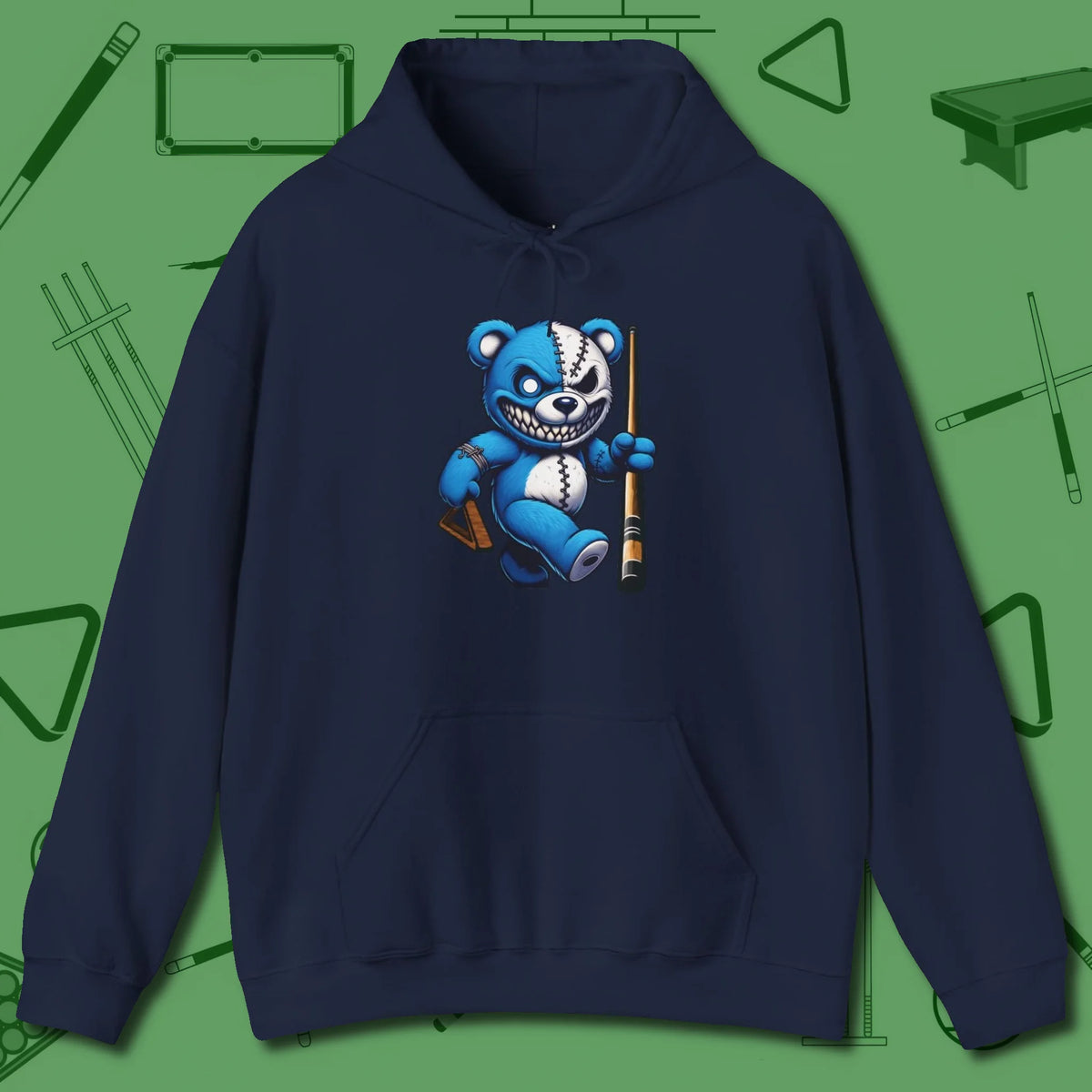 Demented Teddy Billiards Hoodie, front view, in Navy what the real shooters wear