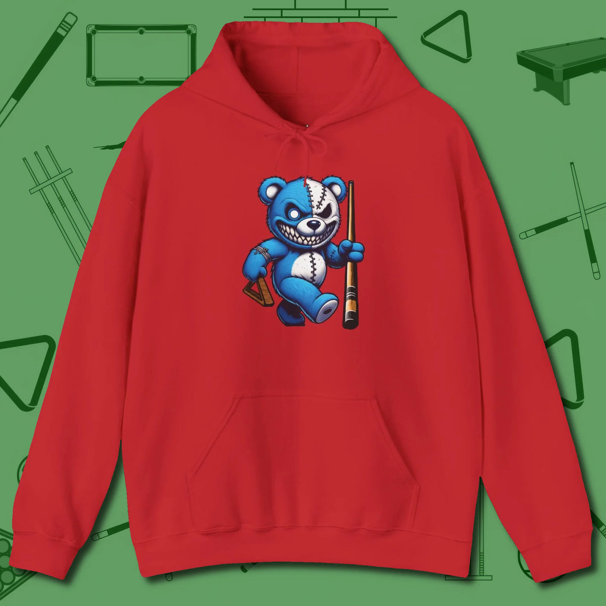 Demented Teddy Billiards Hoodie, front view, in Red your secret weapon off the table