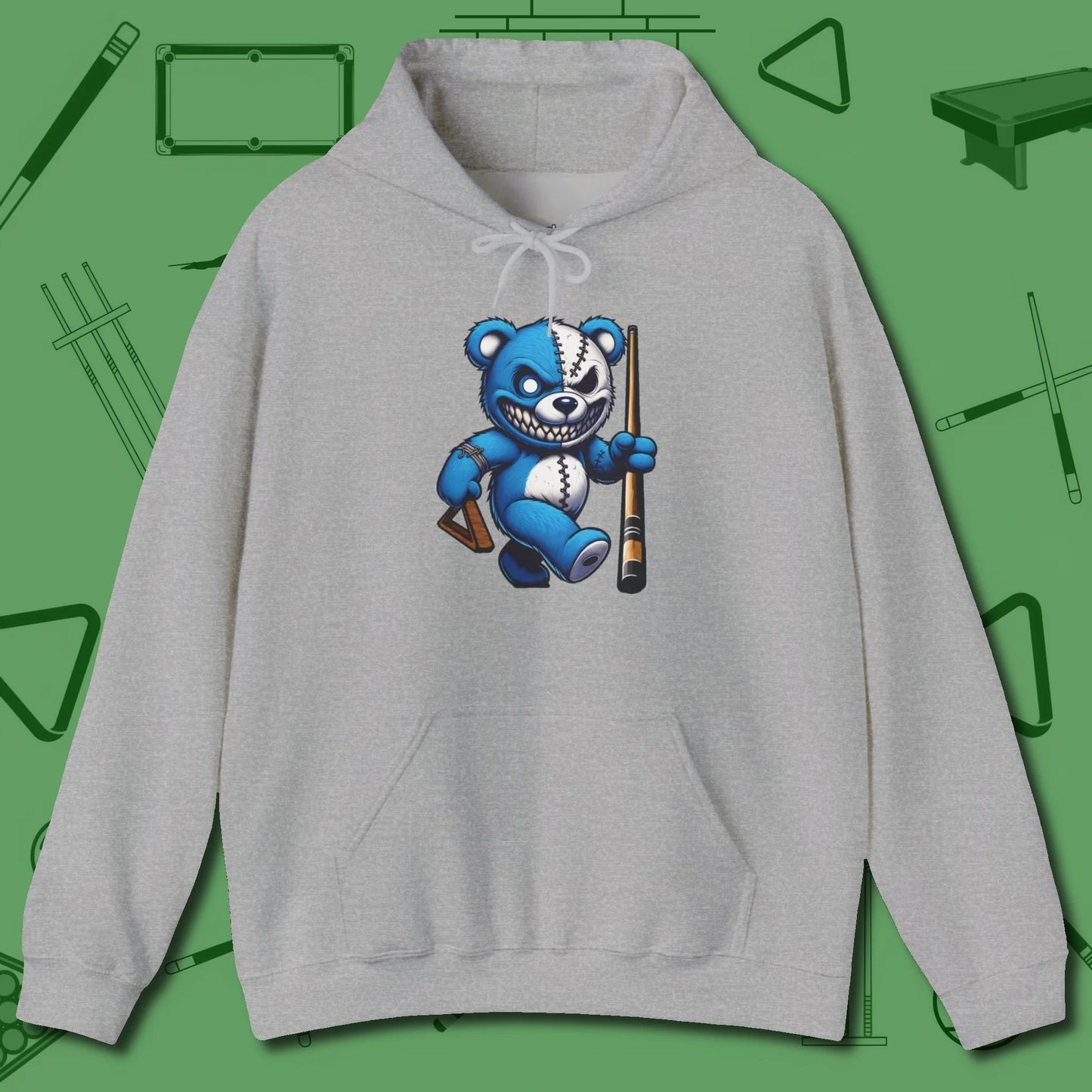 Demented Teddy Billiards Hoodie, front view, in Sport Grey an extension of your pool persona