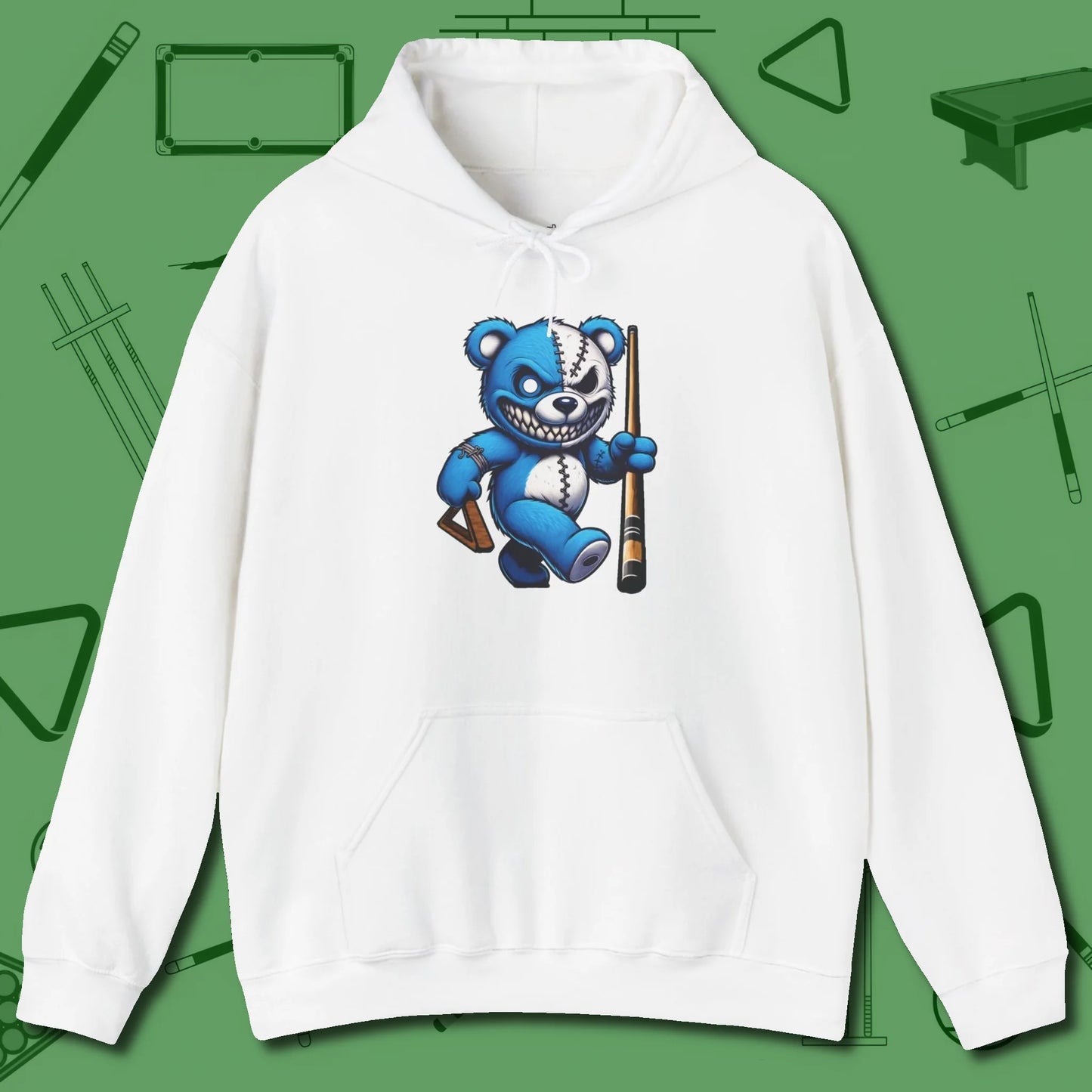 Demented Teddy Billiards Hoodie, front view, in White dress for the shot you want to take
