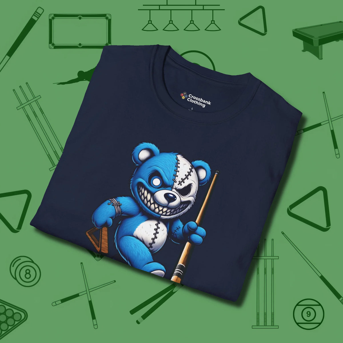 Demented Teddy Billiards T-Shirt, folded view, in Navy designed for dead stroke and deadpan looks