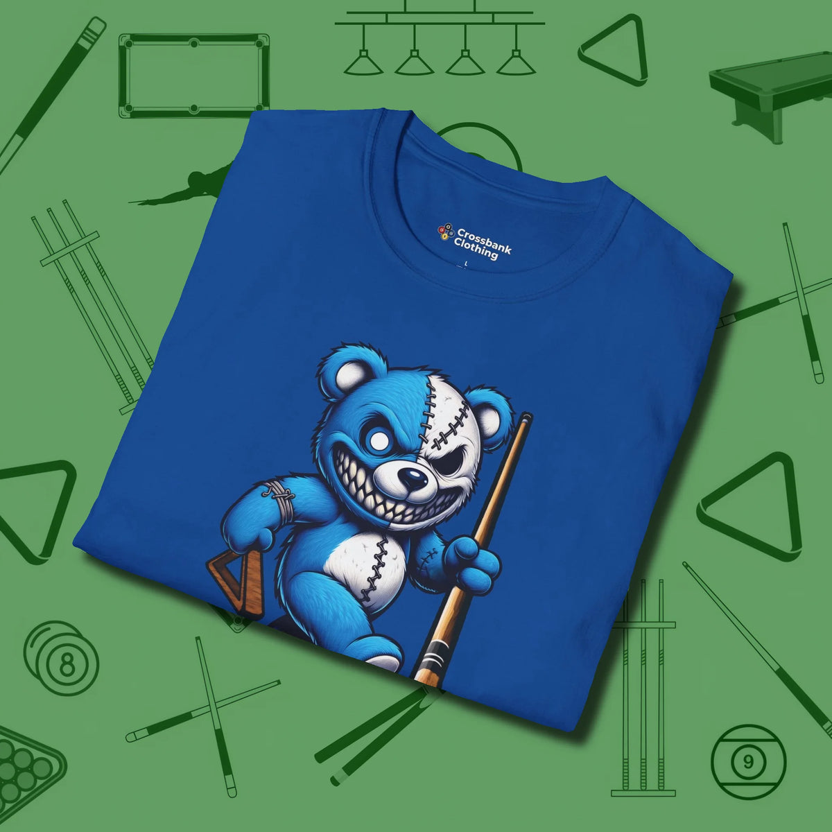 Demented Teddy Billiards T-Shirt, folded view, in Royal it’s not a hobby — it’s a lifestyle
