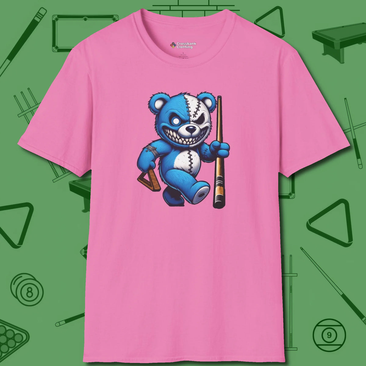 Demented Teddy Billiards T-Shirt, front view, in Azalea cool enough for a corner pocket finish
