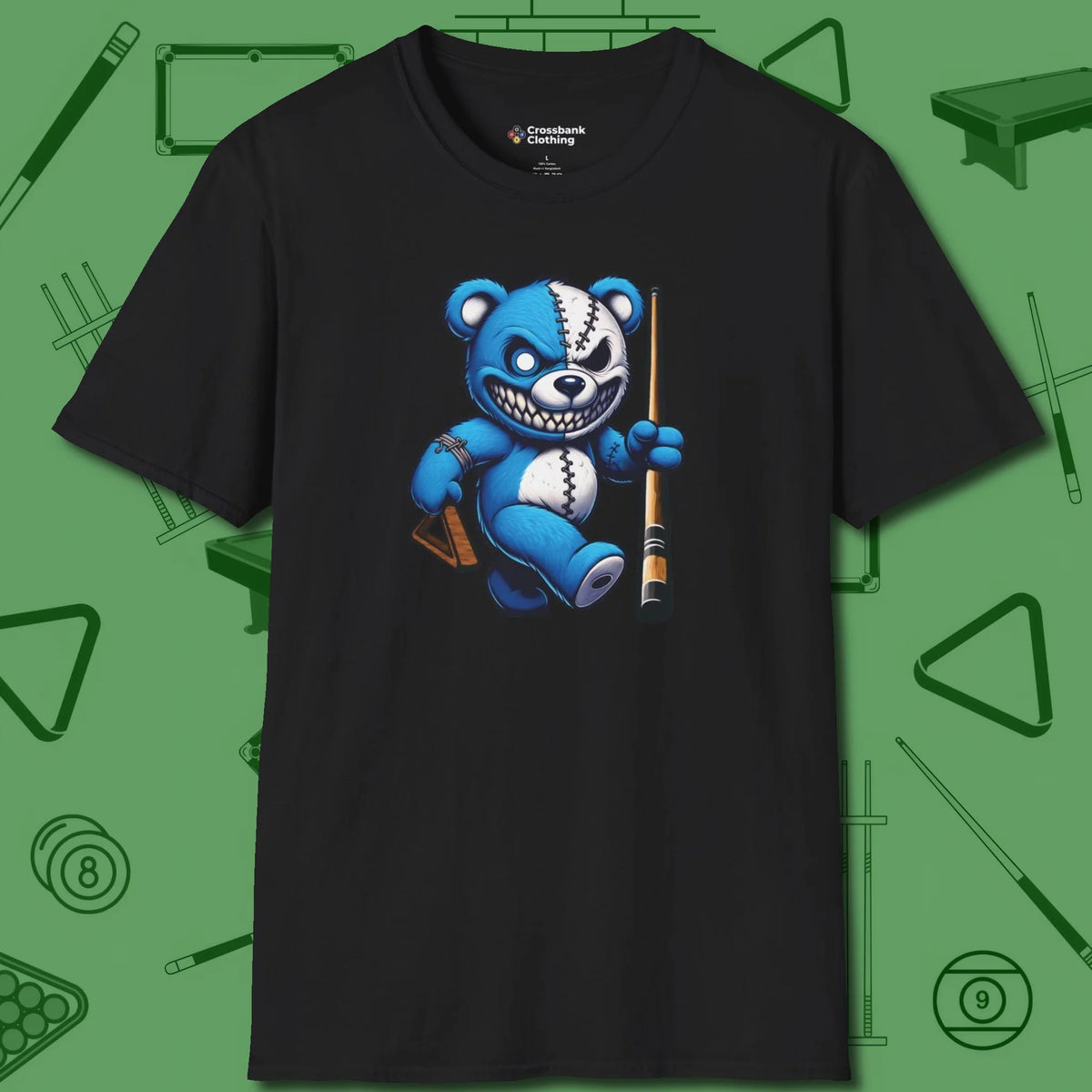Demented Teddy Billiards T-Shirt, front view, in Black fashion with break-and-run energy