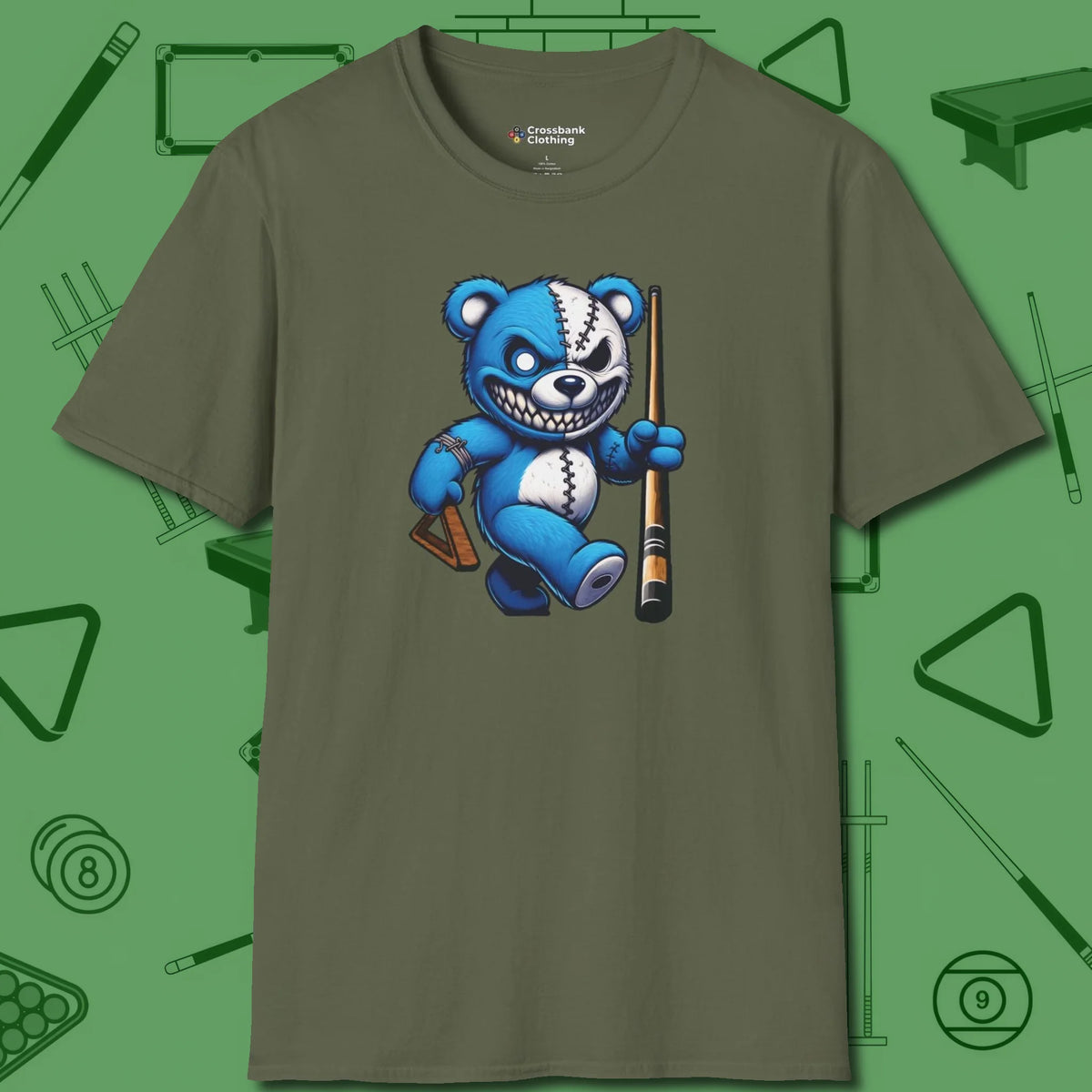 Demented Teddy Billiards T-Shirt, front view, in Military Green for hustlers who keep it honest