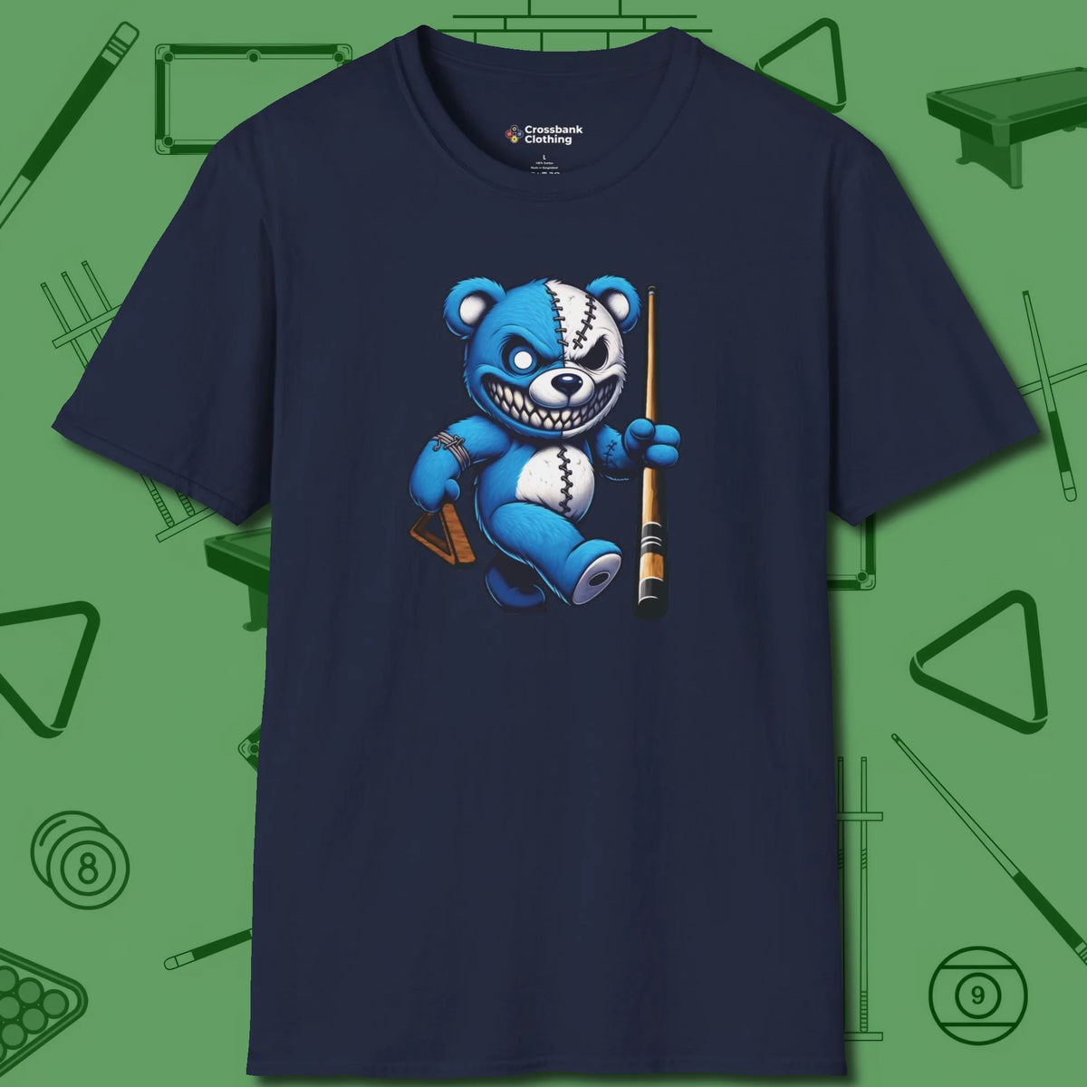 Demented Teddy Billiards T-Shirt, front view, in Navy table-tested, street-approved style