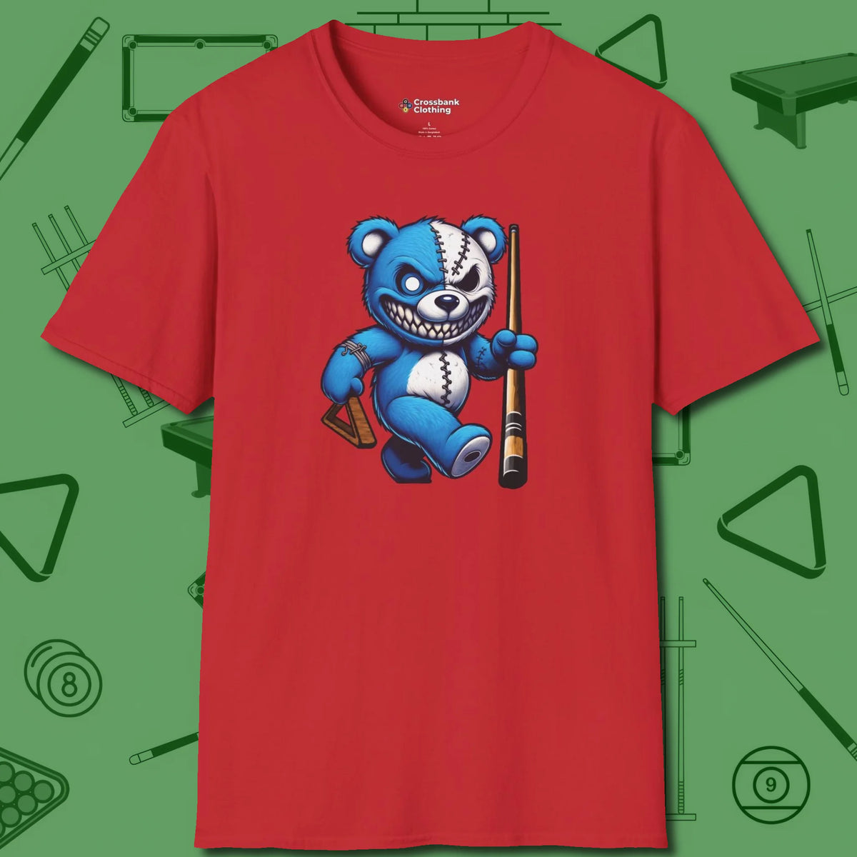 Demented Teddy Billiards T-Shirt, front view, in Red an extension of your pool persona
