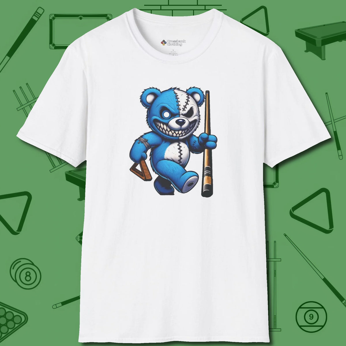 Demented Teddy Billiards T-Shirt, front view, in White for players who live the game