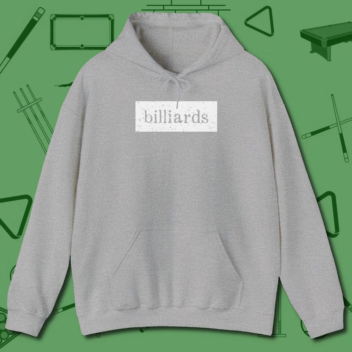 Distressed Billiards Sign Hoodie, front view, in Sport Grey your secret weapon off the table