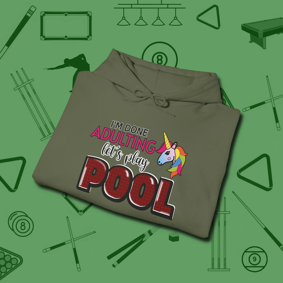 Done Adulting Unicorn Hoodie, folded view, in Military Green for shooters who dress like they play: sharp