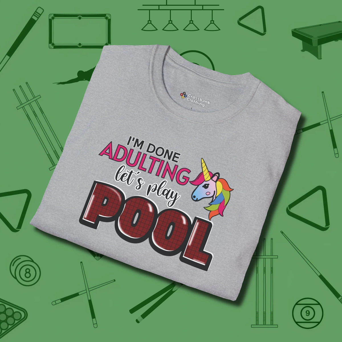 Done Adulting Unicorn T-Shirt, folded view, in Sport Grey confidence stitched in every seam