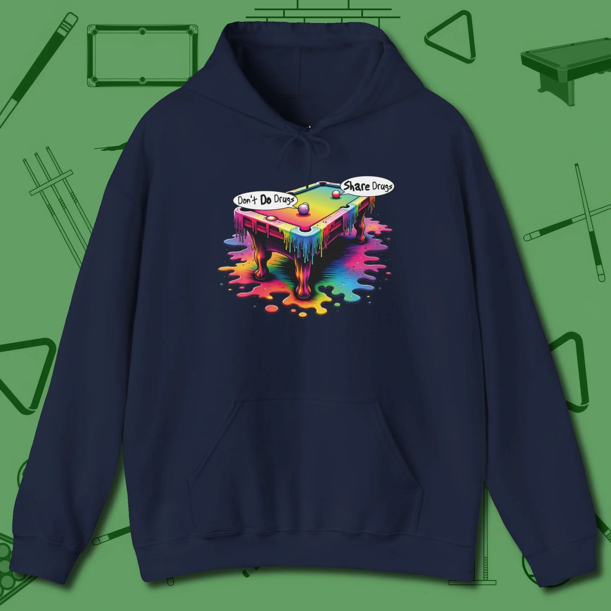 Don't Do Drugs Table Hoodie, front view, in Navy confidence stitched in every seam