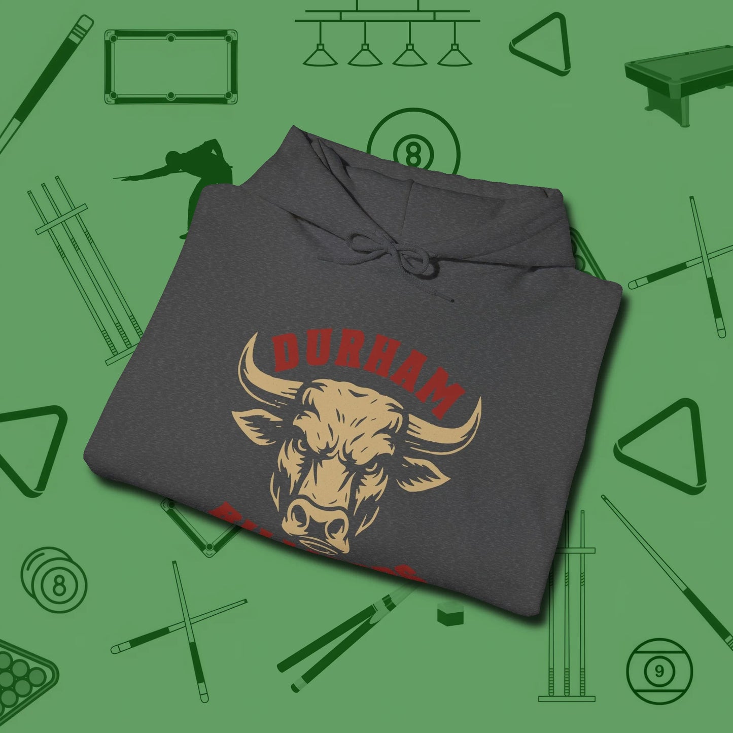 Durham Billiards Bull Head Hoodie, folded view, in Dark Heather perfect for players with quiet fire