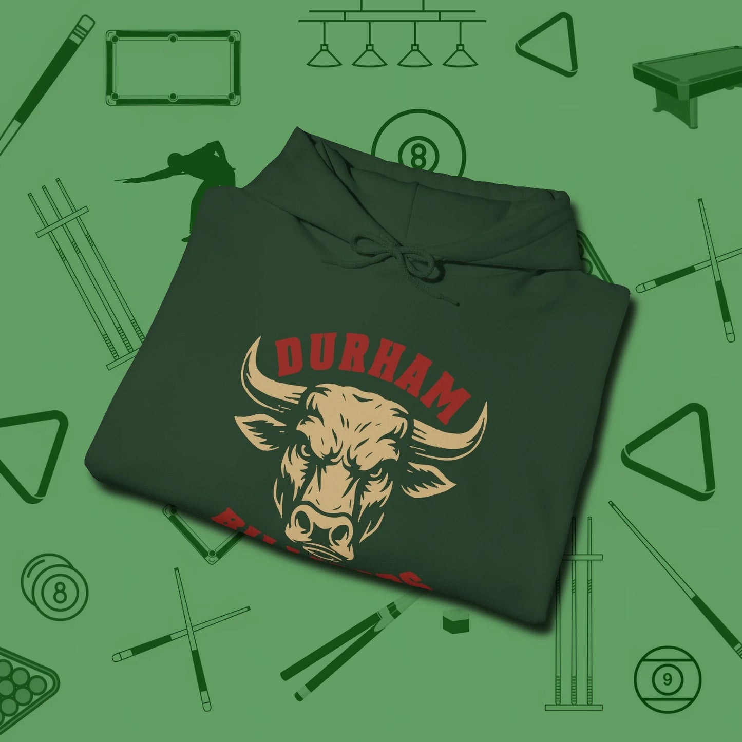 Durham Billiards Bull Head Hoodie, folded view, in Forest Green style that banks as hard as you do