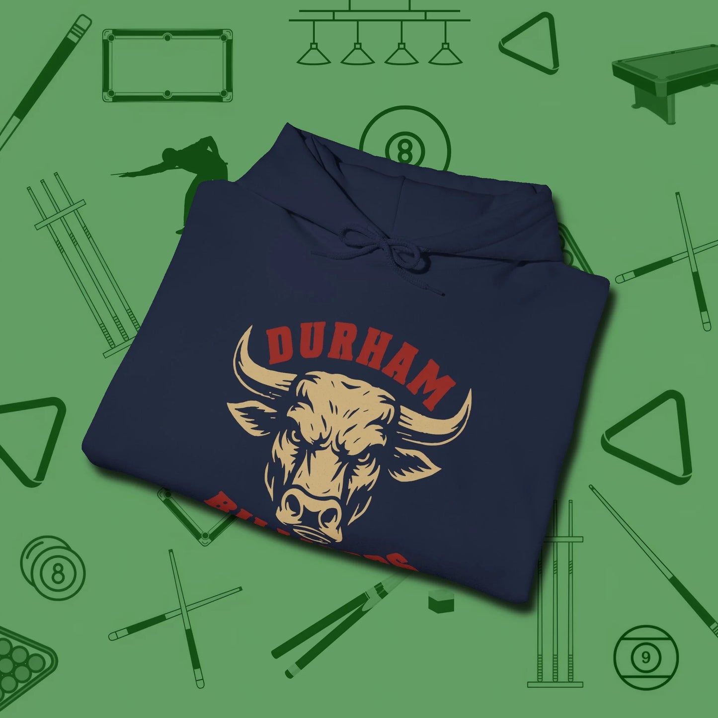 Durham Billiards Bull Head Hoodie, folded view, in Navy like your stroke — smooth and deliberate